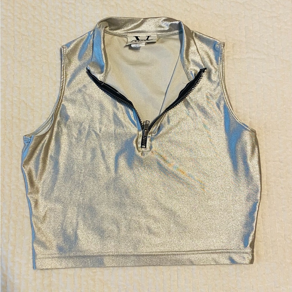 Metallic Mock Neck Zip Up Crop Top